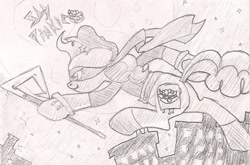 Size: 1224x809 | Tagged: safe, artist:nun2artzy, pinkie pie, earth pony, pony, crossover, monochrome, pencil drawing, sly cooper, solo, traditional art, video game