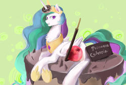 Size: 3496x2362 | Tagged: safe, artist:wolvierland, princess celestia, alicorn, pony, cake, cakelestia, chest fluff, donut, food, fruit, grin, horn grab, prone, small head, smiling, solo