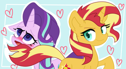 Size: 4699x2587 | Tagged: safe, alternate version, artist:copster, starlight glimmer, sunset shimmer, pony, unicorn, absurd resolution, blushing, commission, cute, female, heart, heart eyes, lesbian, mare, open mouth, shimmerglimmer, shipping, simple background, smiling, tail seduce, wingding eyes, ych result