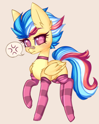 Size: 2000x2500 | Tagged: safe, artist:angelbeat-drift, oc, oc only, oc:overheat, pegasus, pony, bandage, bandaid, butt freckles, chest fluff, choker, clothes, ear fluff, ear freckles, female, freckles, grumpy, mare, socks, solo, striped socks, thigh highs