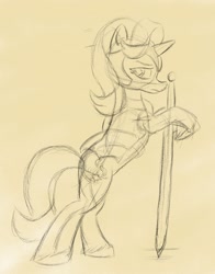 Size: 1024x1304 | Tagged: safe, artist:rockhoppr3, starlight glimmer, pony, unicorn, armor, monochrome, solo, sword, weapon, wip