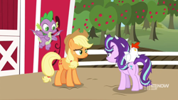 Size: 1600x900 | Tagged: safe, screencap, applejack, spike, starlight glimmer, bird, chicken, dragon, earth pony, pony, harvesting memories, spoiler:harvesting memories, spoiler:mlp friendship is forever, 9now, apple, apple tree, barn, farm, feather, fence, flying, frazzled, orchard, sweet apple acres, tree, winged spike