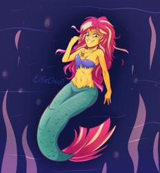 Size: 2600x2800 | Tagged: safe, artist:katakiuchi4u, sunset shimmer, mermaid, equestria girls, belly button, bra, breasts, cleavage, clothes, cutie mark pendant, female, freckles, grin, jewelry, mermaidized, midriff, necklace, smiling, solo, species swap, torn clothes, underwater, underwear