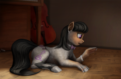 Size: 1000x650 | Tagged: safe, artist:geoffrey mcdermott, octavia melody, earth pony, pony, bowtie, cello, clothes, crying, human to pony, musical instrument, piano, prone, raised hoof, ripping clothes, skirt, solo, stockings, thigh highs, transformation, watch, wristwatch