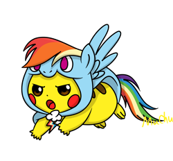 Size: 2142x1988 | Tagged: safe, artist:muchu, derpibooru import, rainbow dash, pegasus, pikachu, pony, open mouth, pokémon, signature, simple background, solo, white background, wings