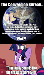 Size: 721x1237 | Tagged: safe, derpibooru import, twilight sparkle, human, fanfic:the conversion bureau, drama, drama bait, earth, fanfic, image macro, meme, misanthropy, op is a cuck, op is trying to start shit, the conversion bureau, wish fulfillment