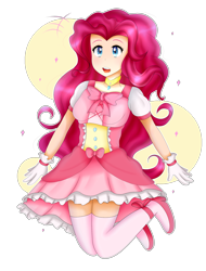 Size: 2173x2863 | Tagged: safe, artist:cosmiickatie, pinkie pie, equestria girls, clothes, cute, dress, female, high heels, human coloration, jewelry, one eye closed, open mouth, shoes, simple background, skirt, socks, solo, thigh highs, transparent background