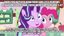 Size: 888x499 | Tagged: safe, edit, edited screencap, screencap, pinkie pie, starlight glimmer, earth pony, pony, unicorn, no second prances, caption, cute, duo, female, glimmy, image macro, mare, op is a cuck, op is trying to start shit, text