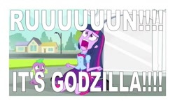 Size: 965x584 | Tagged: safe, derpibooru import, edit, edited screencap, screencap, spike, twilight sparkle, dog, equestria girls, austin powers, exploitable meme, godzilla (series), meme, spike the dog, twiscream