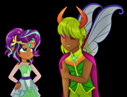 Size: 2340x1792 | Tagged: safe, artist:emmakkkkk, artist:katnekobase, starlight glimmer, thorax, changedling, changeling, equestria girls, base used, belt, black background, clothes, dark skin, dress, duo, equestria girls-ified, female, human coloration, king thorax, lip bite, male, pants, robe, shirt, simple background, skirt, smiling, smirk, wings