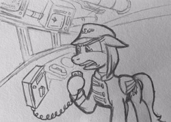 Size: 3148x2251 | Tagged: artist needed, source needed, safe, oc, oc only, oc:red glare, pegasus, fallout equestria, /foe/, clothes, fanfic art, female, grand pegasus enclave, mare, microphone, monochrome, solo, traditional art, uniform