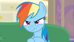 Size: 1667x937 | Tagged: safe, derpibooru import, screencap, rainbow dash, pegasus, pony, the end in friend, angry, crossed hooves, female, mare, narrowed eyes, rainbow dash is not amused, solo, unamused