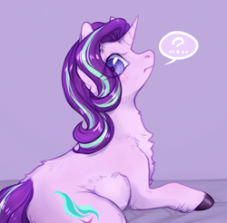 Size: 700x688 | Tagged: safe, artist:lizardi, starlight glimmer, pony, unicorn, chest fluff, colored, confused, cute, female, glimmerbetes, mare, purple background, question mark, simple background, solo, surprised