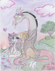 Size: 2550x3300 | Tagged: safe, artist:lacedra, discord, fluttershy, pegasus, pony, discoshy, female, flower in hair, male, shipping, straight, traditional art