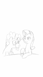 Size: 720x1280 | Tagged: safe, artist:trickydick, pinkie pie, rarity, earth pony, pony, unicorn, female, horse problems, lesbian, monochrome, raripie, shipping, sketch, tea, teacup, tongue out