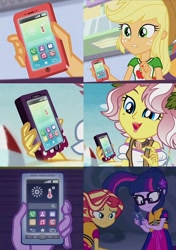 Size: 800x1138 | Tagged: safe, edit, edited screencap, screencap, applejack, sci-twi, sunset shimmer, twilight sparkle, vignette valencia, better together, equestria girls, rollercoaster of friendship, app, comparison, phone