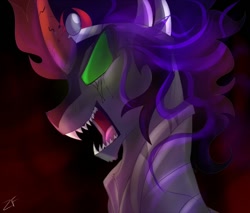 Size: 600x510 | Tagged: artist needed, safe, derpibooru import, king sombra, pony, unicorn, bust, dark magic, green eyes, magic, sharp teeth, solo, sombra eyes