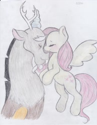 Size: 2550x3300 | Tagged: safe, artist:lacedra, discord, fluttershy, pegasus, pony, discoshy, female, male, shipping, straight, traditional art