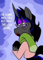 Size: 576x792 | Tagged: safe, artist:pembroke, derpibooru import, king sombra, oc, oc:coffee talk, pony, unicorn, ask king sombra, lipstick, secretary sombra