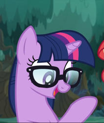 Size: 651x769 | Tagged: safe, screencap, sci-twi, sunset shimmer, twilight sparkle, pony, unicorn, better together, equestria girls, spring breakdown, cropped, equestria girls ponified, glasses, offscreen character, open mouth, ponified, raised hoof, smiling, solo focus, unicorn sci-twi