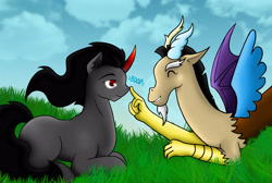 Size: 5000x3363 | Tagged: safe, artist:pixel-spark, derpibooru import, discord, king sombra, draconequus, pony, unicorn, fanfic:umbrum ad infinitum, absurd resolution, boop, cloud, fanfic art, gay, grass, male, real life background, shipping, sky, sombracord