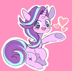 Size: 1155x1134 | Tagged: safe, artist:mesqrit, starlight glimmer, unicorn, cute, female, glimmerbetes, heart, looking at you, mare, no pupils, open mouth, pink background, simple background, sitting, solo