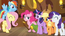 Size: 1668x935 | Tagged: safe, derpibooru import, screencap, applejack, fluttershy, pinkie pie, rainbow dash, rarity, twilight sparkle, twilight sparkle (alicorn), alicorn, earth pony, pegasus, pony, unicorn, yakity-sax, eyes closed, female, flying, mane six, mare, yovidaphone