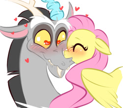 Size: 1280x1118 | Tagged: safe, artist:ripushko, discord, fluttershy, pegasus, pony, blushing, cute, discoshy, discute, female, heart, heart eyes, kissing, male, shipping, shyabetes, straight, wingding eyes