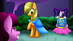 Size: 1024x576 | Tagged: safe, artist:lupiarts, applejack, pinkie pie, rarity, earth pony, pony, unicorn, female, horn, mare