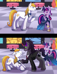 Size: 1024x1322 | Tagged: safe, artist:patty-plmh, derpibooru import, king sombra, prince blueblood, twilight sparkle, twilight sparkle (alicorn), alicorn, pony, female, grand galloping gala, love triangle, male, shipping, straight, twiblood, twibra, twilight sparkle gets all the stallions