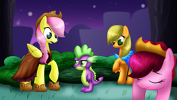 Size: 1024x576 | Tagged: safe, artist:lupiarts, applejack, fluttershy, pinkie pie, spike, dragon, earth pony, pegasus, pony