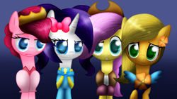 Size: 1024x576 | Tagged: safe, artist:lupiarts, applejack, fluttershy, pinkie pie, rarity, earth pony, pegasus, pony, unicorn