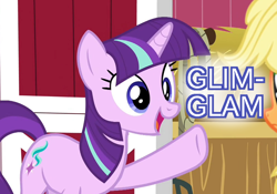 Size: 1000x700 | Tagged: safe, edit, edited screencap, screencap, applejack, starlight glimmer, earth pony, pony, harvesting memories, spoiler:harvesting memories, cropped, glimglam, mane swap, solo focus, starlight sparkle, text