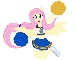 Size: 704x558 | Tagged: safe, artist:kiwi, fluttershy, equestria girls, cheerleader, clothes, eared humanization, humanized, jumping, looking at you, midriff, open mouth, ponied up, shake it off, skirt, smiling, solo, sports bra, spread wings, winged humanization