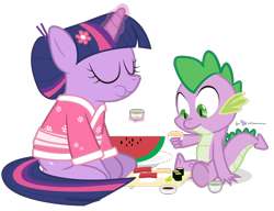 Size: 910x700 | Tagged: safe, artist:dm29, derpibooru import, spike, twilight sparkle, dragon, alternate hairstyle, duo, eating, food, kimono (clothing), simple background, sushi, transparent background, watermelon