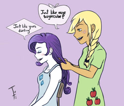 Size: 1024x874 | Tagged: safe, artist:tutiwakalaka, applejack, rarity, equestria girls, braid, female, humanized, lesbian, rarijack, shipping