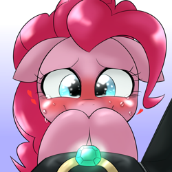 Size: 1000x1000 | Tagged: safe, artist:ushiro no kukan, pinkie pie, earth pony, pony, blushing, engagement ring, excited, female, heart, mare, marriage proposal, offscreen character, pov, ring, smiling, solo, tears of joy, wedding ring