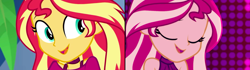 Size: 1440x404 | Tagged: safe, sunset shimmer, equestria girls, equestria girls series, i'm on a yacht, spoiler:eqg series (season 2), close-up, female, looking at you, neon eg logo, smiling