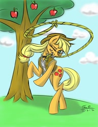 Size: 989x1280 | Tagged: safe, artist:django90, applejack, earth pony, pony, apple, bipedal, clothes, cloud, cloudy, cowboy hat, hat, lasso, outdoors, rope, solo, stetson, tree, vest