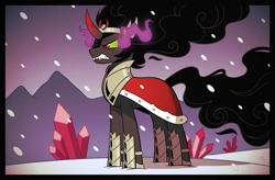 Size: 2573x1684 | Tagged: safe, artist:php104, derpibooru import, king sombra, pony, unicorn, armor, cape, clothes, fangs, glowing eyes, horseshoes, snow, solo, sombra eyes