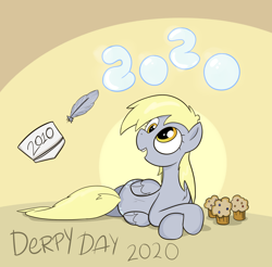 Size: 2198x2160 | Tagged: safe, artist:cookieboy011, derpy hooves, pegasus, pony, abstract background, chest fluff, cute, derpy day, derpy day 2020, female, food, high res, mare, muffin, prone, solo