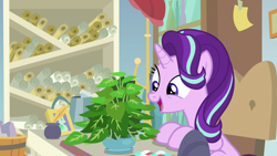 Size: 1920x1080 | Tagged: safe, screencap, phyllis, starlight glimmer, pony, unicorn, a horse shoe-in, female, inkwell, mare, philodendron, potted plant, quill, scroll, solo, starlight's office