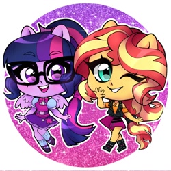 Size: 1080x1080 | Tagged: safe, artist:techycutie, sci-twi, sunset shimmer, twilight sparkle, better together, equestria girls, chibi, couple, cute, female, glasses, happy, lesbian, one eye closed, scitwishimmer, shimmerbetes, shipping, simple background, sparkles, sunsetsparkle, twiabetes, waving, weapons-grade cute, wink