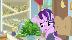 Size: 1920x1080 | Tagged: safe, screencap, phyllis, starlight glimmer, pony, unicorn, a horse shoe-in, female, inkwell, mare, philodendron, potted plant, quill, scroll, solo, starlight's office