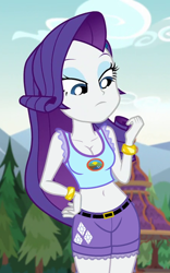 Size: 450x720 | Tagged: safe, edit, edited screencap, editor:ah96, screencap, rarity, equestria girls, legend of everfree, belly button, bracelet, breast edit, breasts, camp everfree logo, camp everfree outfits, cleavage, clothes, cropped, daisy dukes, female, jewelry, midriff, pants, raritits, shorts, solo