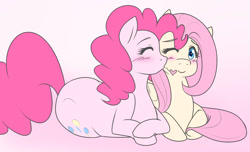 Size: 1280x779 | Tagged: safe, artist:jonfawkes, fluttershy, pinkie pie, earth pony, pegasus, pony, blushing, female, flutterpie, lesbian, shipping, simple background