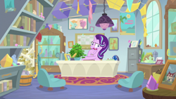 Size: 1920x1080 | Tagged: safe, screencap, phyllis, starlight glimmer, pony, unicorn, a horse shoe-in, book, bookshelf, box kite, faic, female, inkwell, kite, mare, office, philodendron, potted plant, quill, scroll, solo, starlight's office, wavy mouth