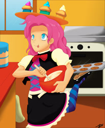 Size: 2102x2554 | Tagged: safe, artist:skecchiart, pinkie pie, human, balancing, cookie, cupcake, humanized, kitchen, oven, solo, tongue out