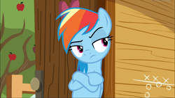 Size: 1668x938 | Tagged: safe, derpibooru import, screencap, rainbow dash, pegasus, pony, the washouts (episode), crossed hooves, female, leaning, lidded eyes, mare, rainbow dash is not amused, raised eyebrow, unamused