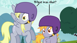 Size: 800x450 | Tagged: safe, edit, edited screencap, screencap, crackle pop, derpy hooves, the cart before the ponies, crash helmet, reaction image, speech, tree